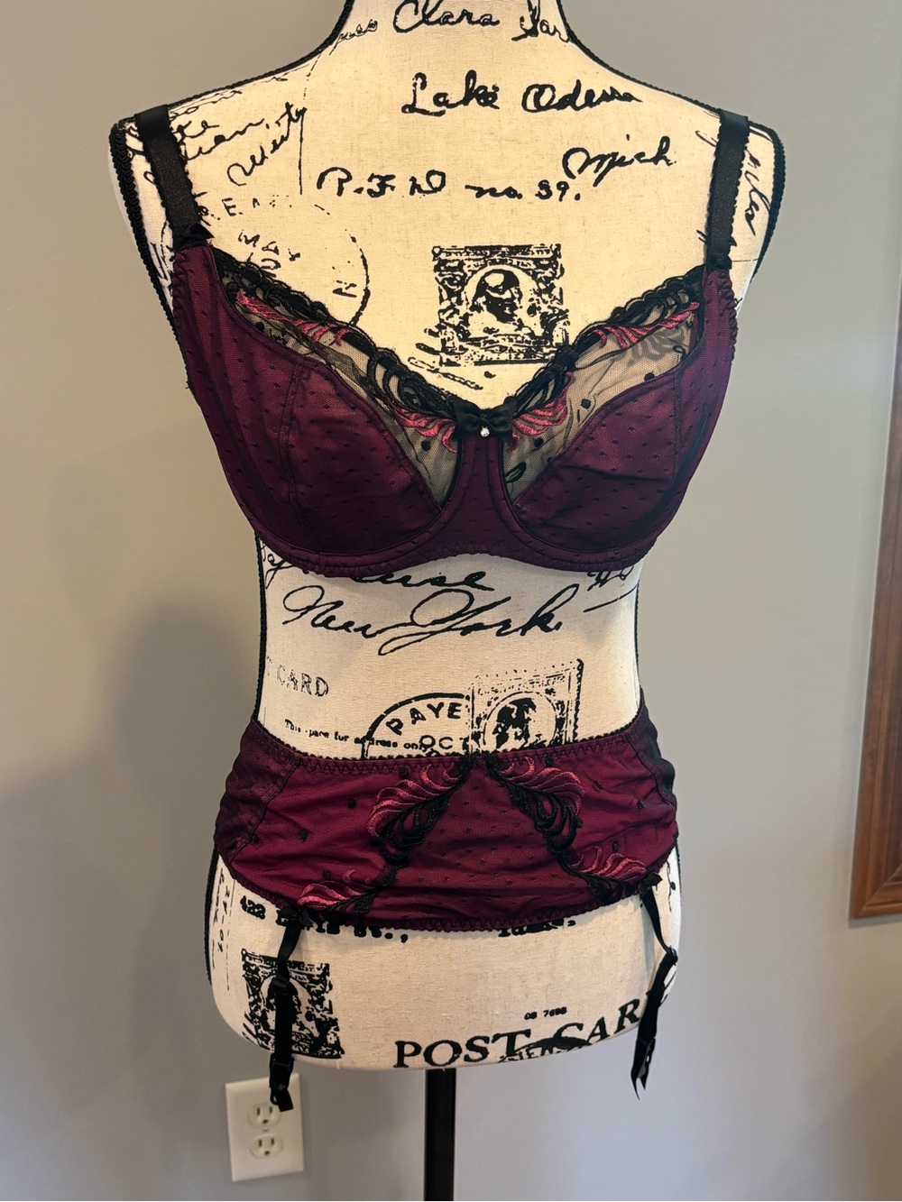Elegant Burgundy Lace Underwire Bra & Garter Skirt
